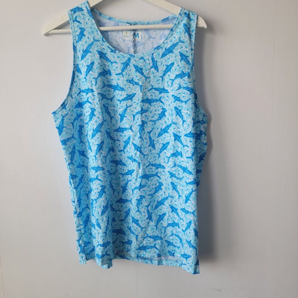 Chubbies Womens Tank Top Sz M Shark Print‎ Blue Round Neck Sleeveless